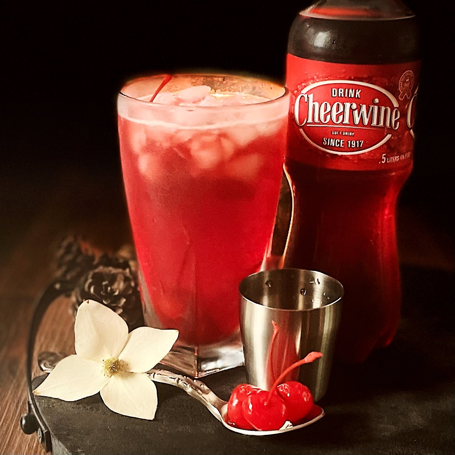 Cheerwine cherry bounce cocktail recipe a true North Carolina cocktail made with Cheerwine.