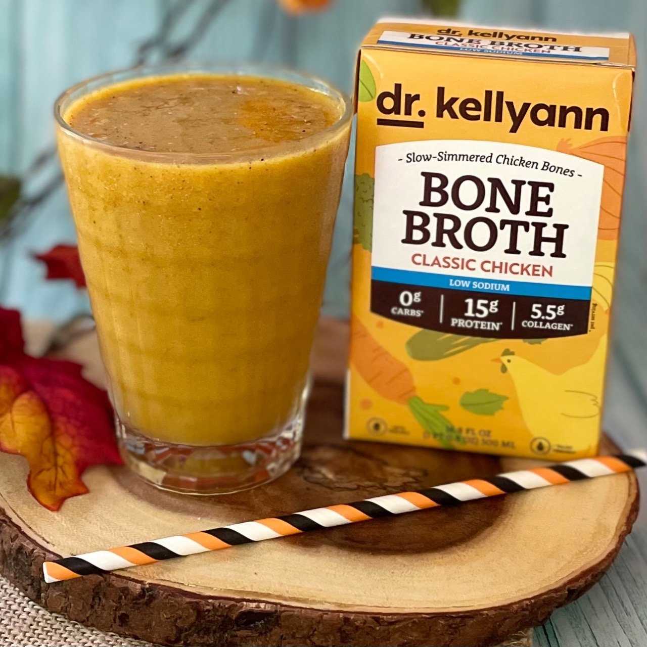 Healthy bone broth smoothie recipe made using dr kellyann chicken bone broth easy recipe for high protein weight loss smoothie.