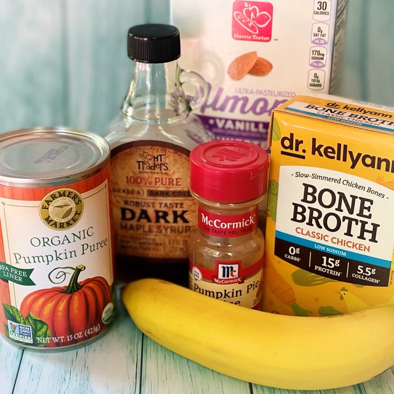 Ingredients to make a healthy pumpkin spice bone broth smoothie.