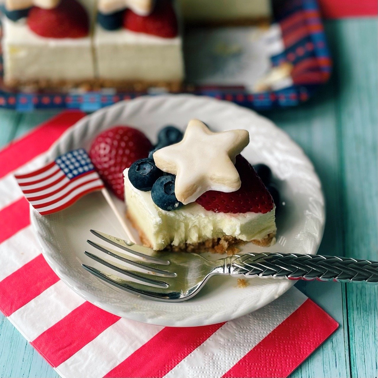 Easy dessert idea for July 4th lemon icebox pie made with jello and topped with star shaped shortbread cookies